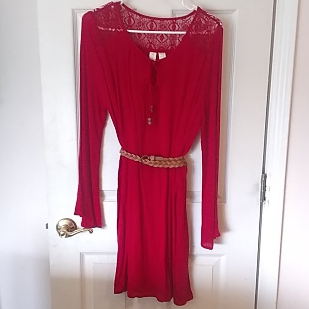 Red long sleeve dress with belt